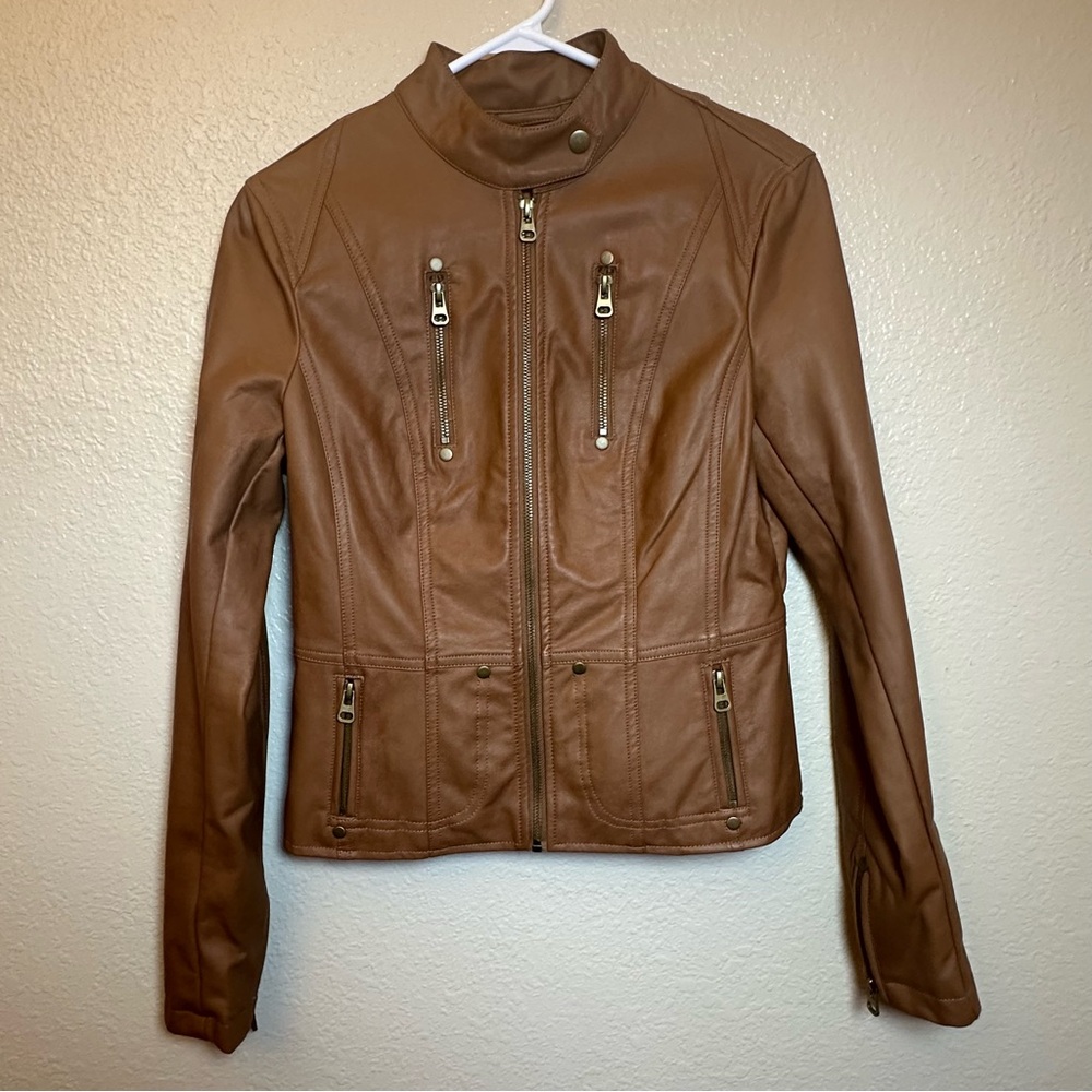 EUC: Lulus Faux Leather Cropped Moto‎ Jacket Bomber Women's Size S Color Camel